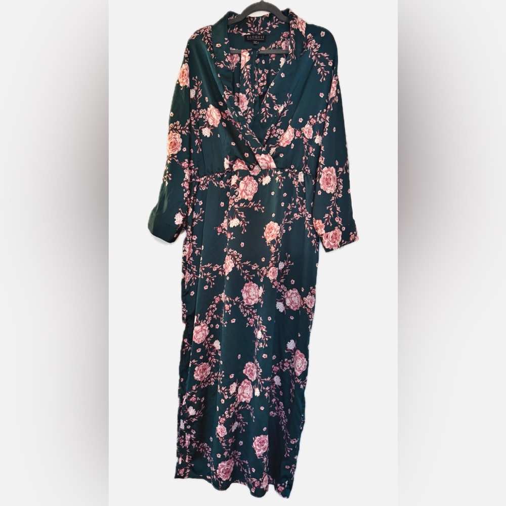 Eloquii Emerald and Pink Floral Kimono Style Wrap Dress